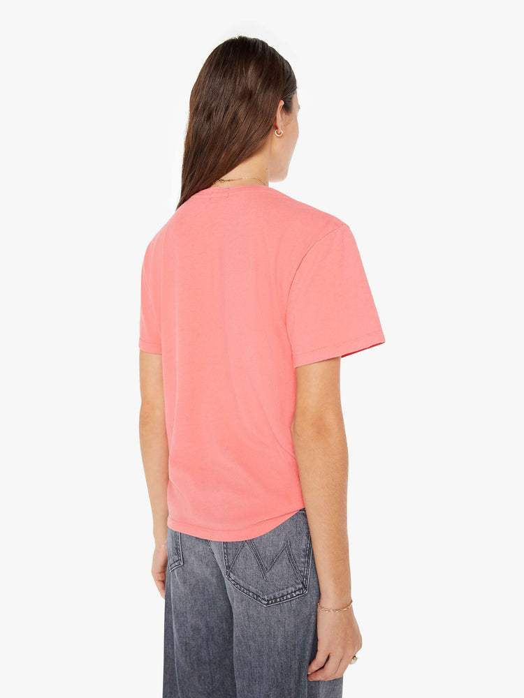 Back view of a womens pink crew neck tee featuring a large blue graphic.