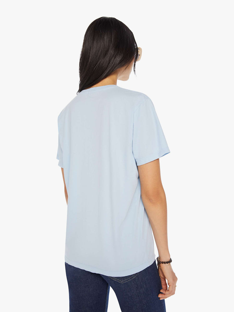 Back view of a womens light blue crew neck tee featuring an oversized fit.