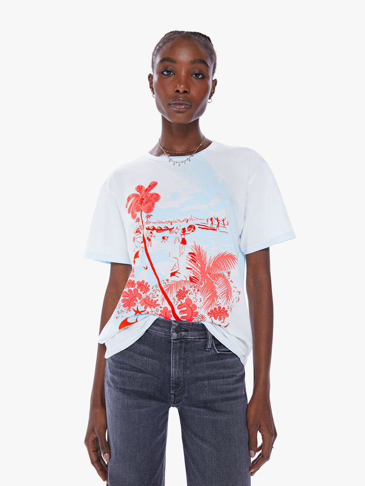 Front view of a woman crewneck tee with an oversized fit in a  semi-sheer off-white tee features a bright red graphic. 
