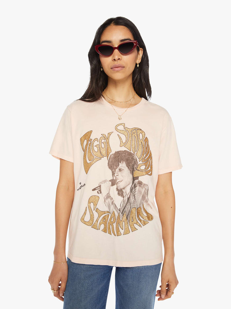 Front view of a womens oversized tee featuring a David Bowie graphic with gold glitter.