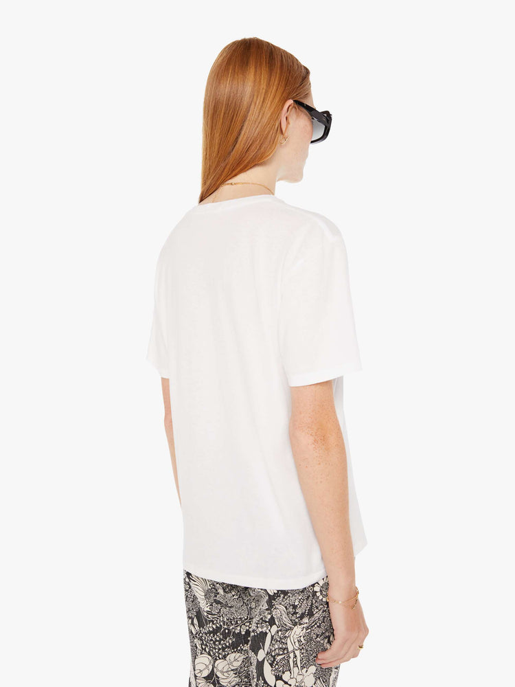 Back view of a womens white crew neck tee featuring an oversized fit.