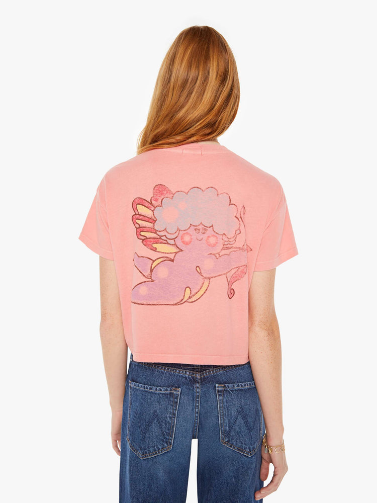 Back view of a womens pink crew neck tee featuring a cropped body and a LOVE with Cupid graphic.