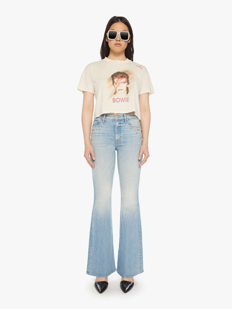 Front full body view of a womens cropped tee featuring a BOWIE graphic and embroidered details.