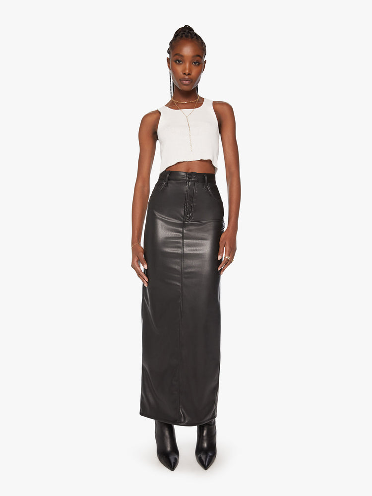 Front view of a womens high rise column skirt in a black faux leather.