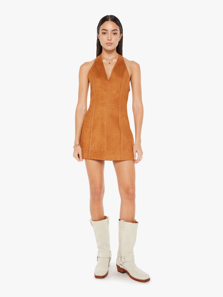 Front view of a womens brown faux suede dress featuring a halter neck.