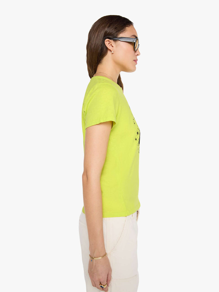 Side view of a woman in a lime green top features MOTHER's spin on the classic Amoeba Music logo in black on the front.
