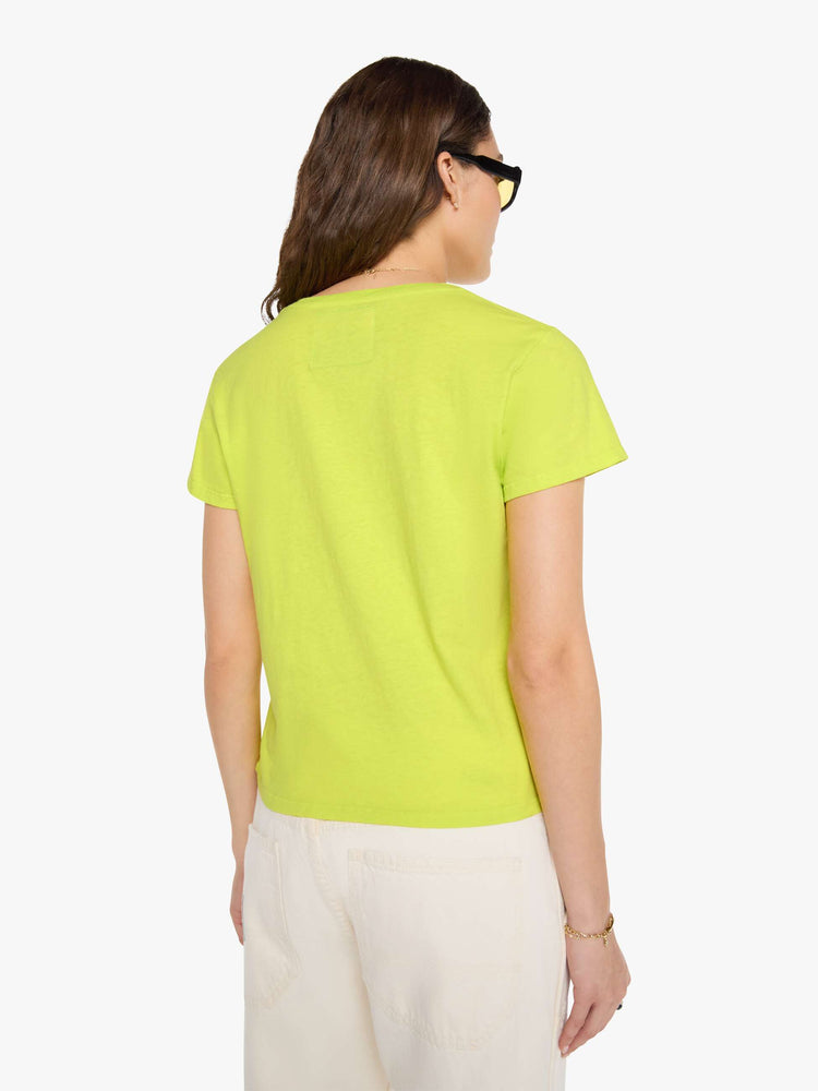 Back view of a woman in a lime green top features MOTHER's spin on the classic Amoeba Music logo in black on the front.