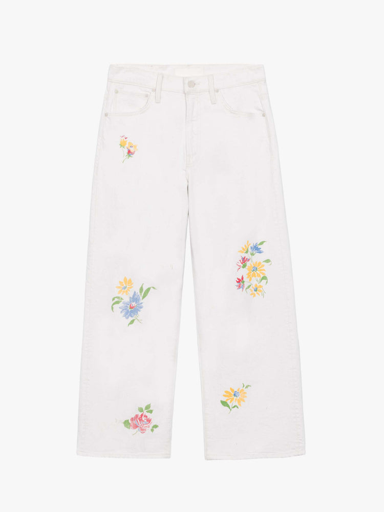 Flat of a creamy white with floral print thoughout wide-leg jeans are designed to sit lower on the hips with a zip fly and clean ankle-length inseam.