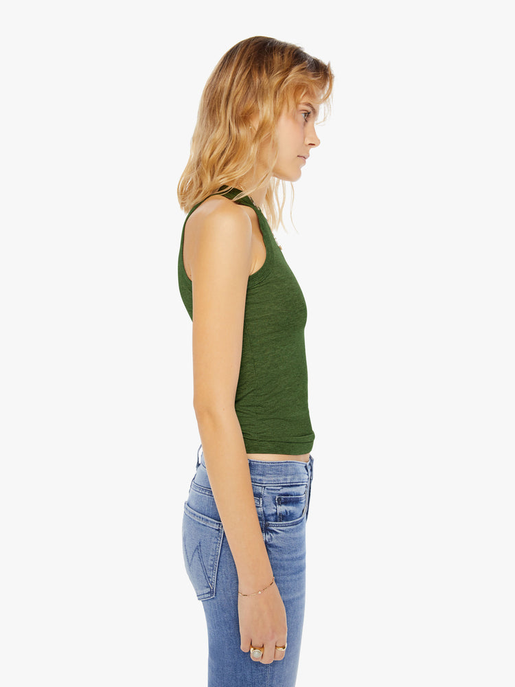Side view of a womens army green ribbed tank.