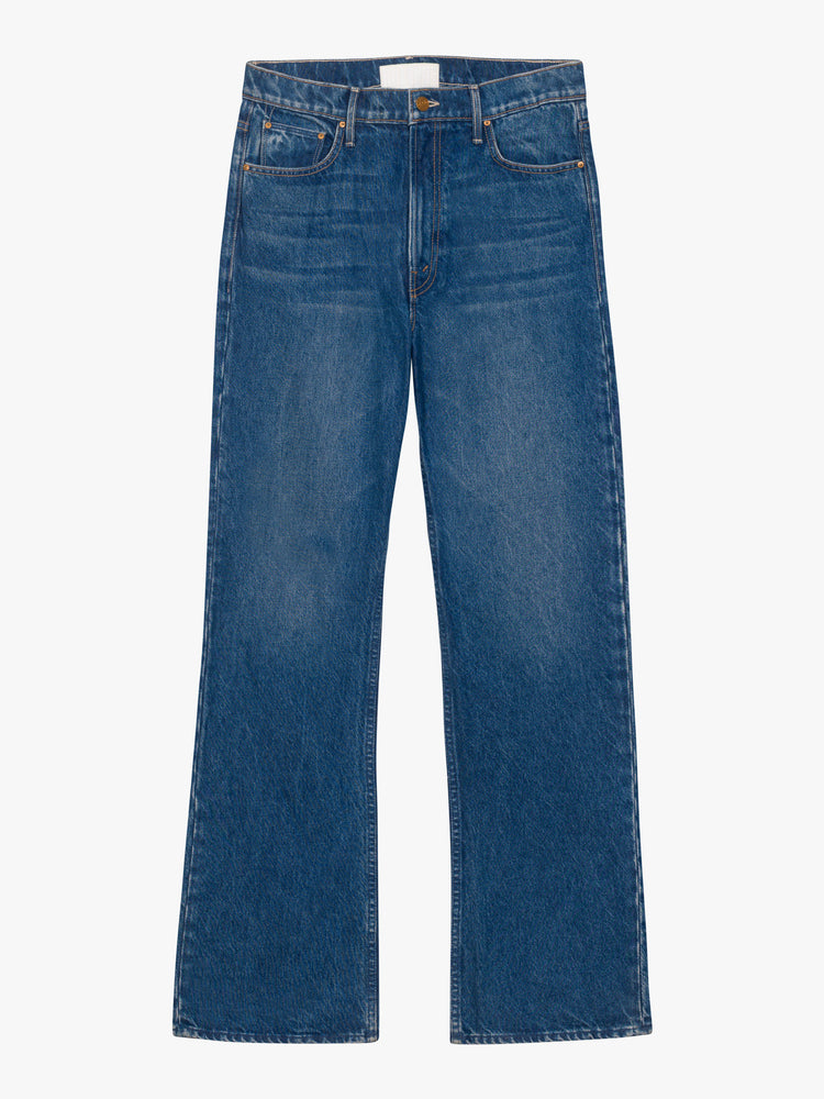 Flat view of a dark blue wash denim jean featuring a bootcut and clean hem.
