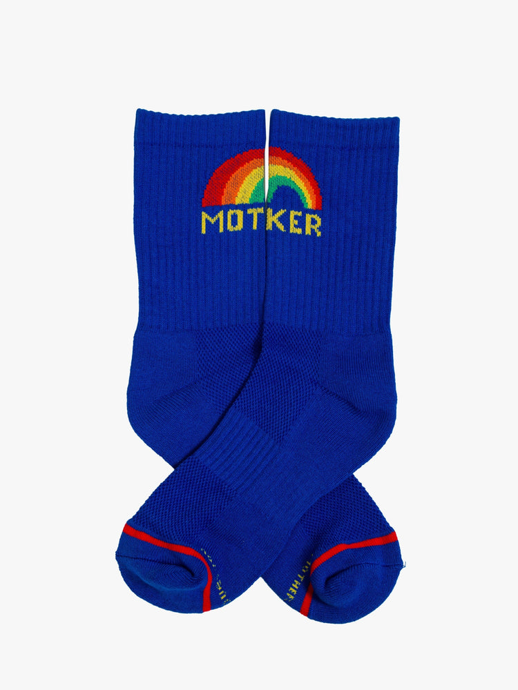 Side flat view classic tube socks with a bold message from MOTHER in blue with a rainbow graphic and yellow lettering.