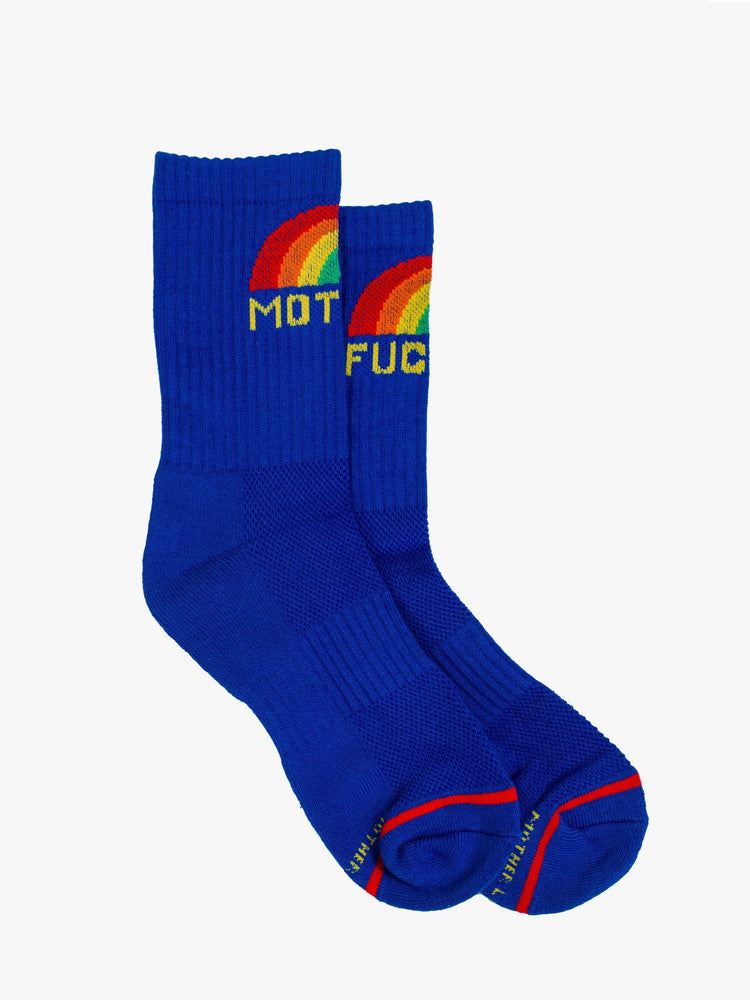 Flat view classic tube socks with a bold message from MOTHER in blue with a rainbow graphic and yellow lettering.