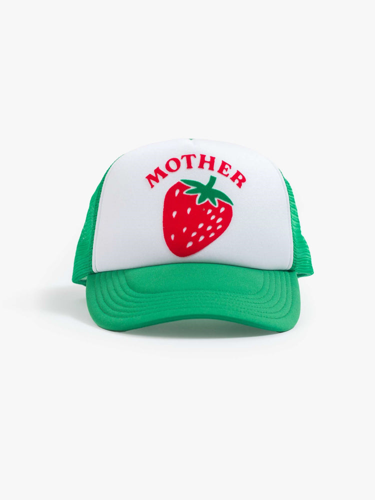 Flat of a green and white trucker hat with a strawberry graphic and the word "MOTHER" in red.