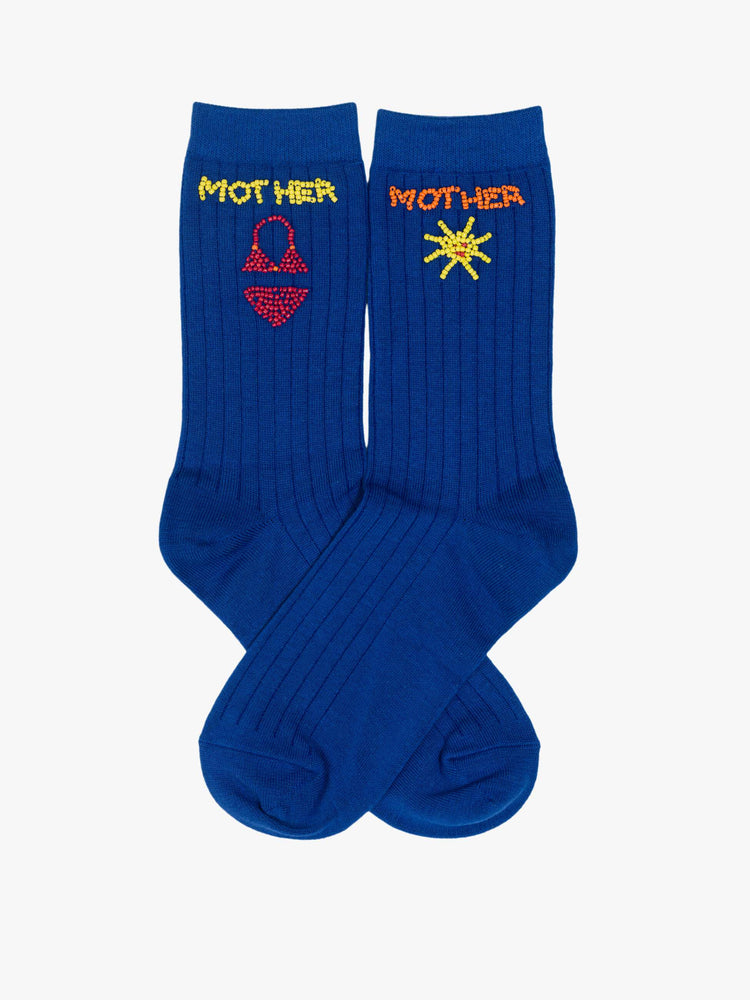 Flat view of a tube socks designed in blue with a sun, red bikini and MOTHER's name beaded on the sides.
