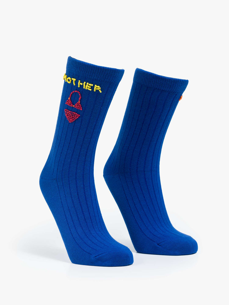 Flat view of a tube socks designed in blue with a sun, red bikini and MOTHER's name beaded on the sides.