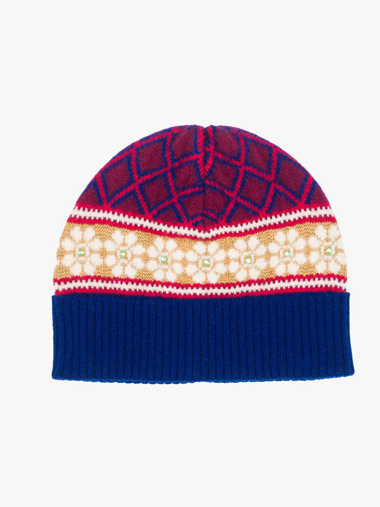Flat view of a woman in a knit beanie with a folded brim and small green rhinestone details.