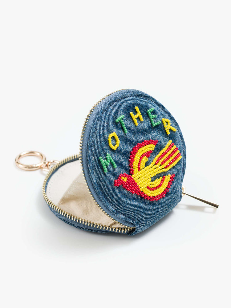 Flat view of a wallet in a classic blue denim with a flying bird and MOTHER's name in green, yellow and red beads across the front, a zip closure and a 1-inch key ring.