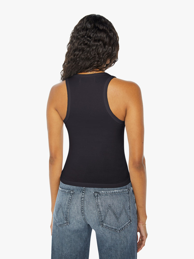 Back view of a womens black ribbed tank top.