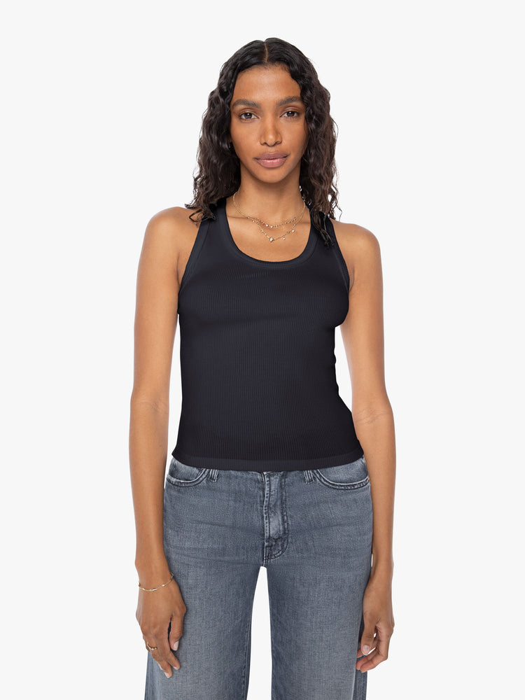 Front view of a womens black ribbed tank top.