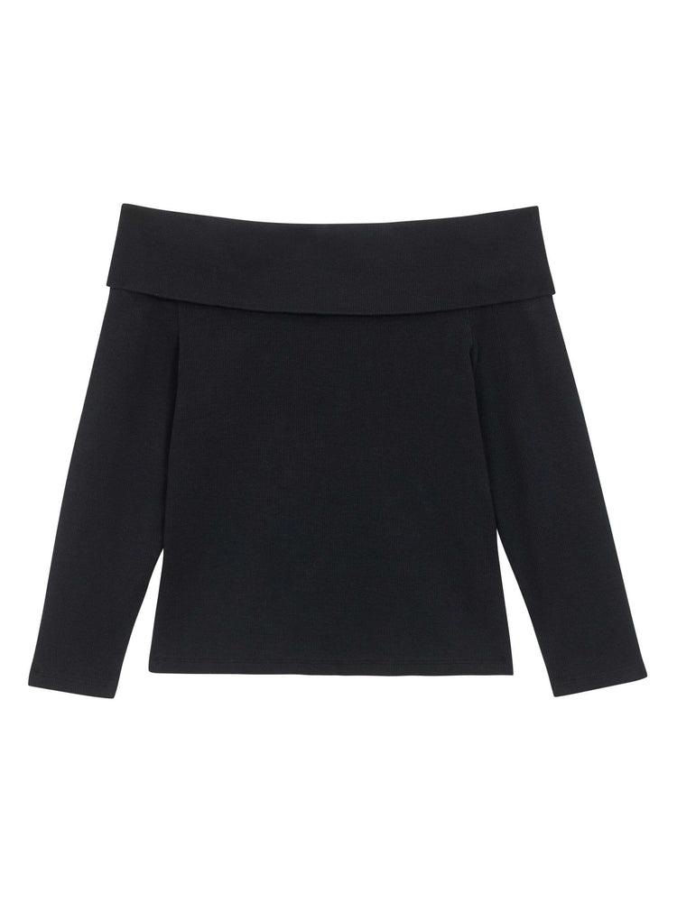 Flat product image of a black knit off the shoulder top with 3/4 length sleeves.