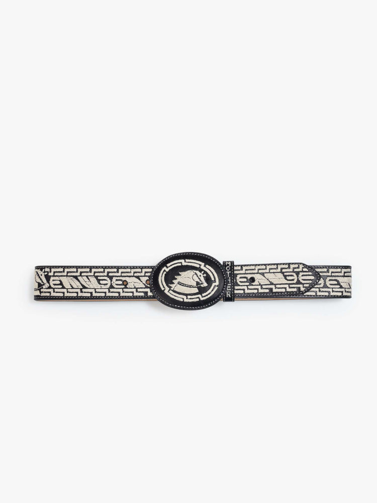 Flat view of leather belt with an oversized buckle and stitched details.