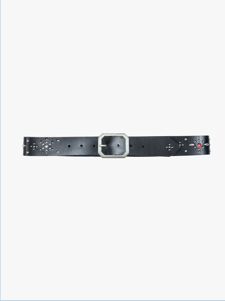 Flat view wide belt made from 100% leather in black with an oversized metal buckle, studded stars, rhinestone details and an explicit message across the back.