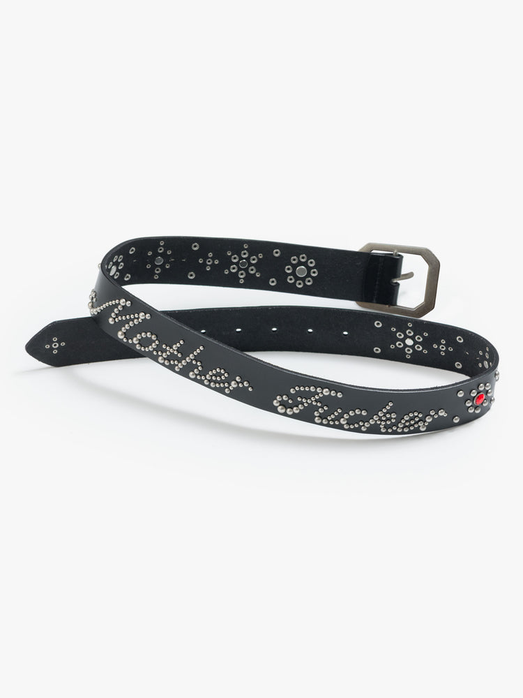 Flat view wide belt made from 100% leather in black with an oversized metal buckle, studded stars, rhinestone details and an explicit message across the back.
