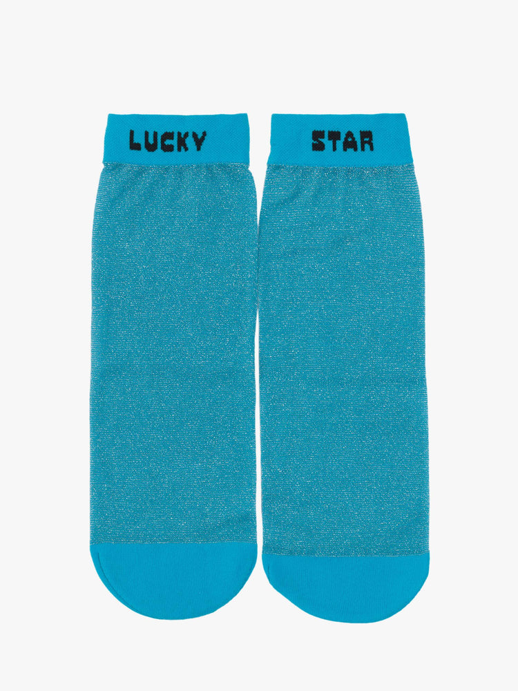 Flat model view sheer ankle sock designed in glittery turquoise with text in black across the hems.