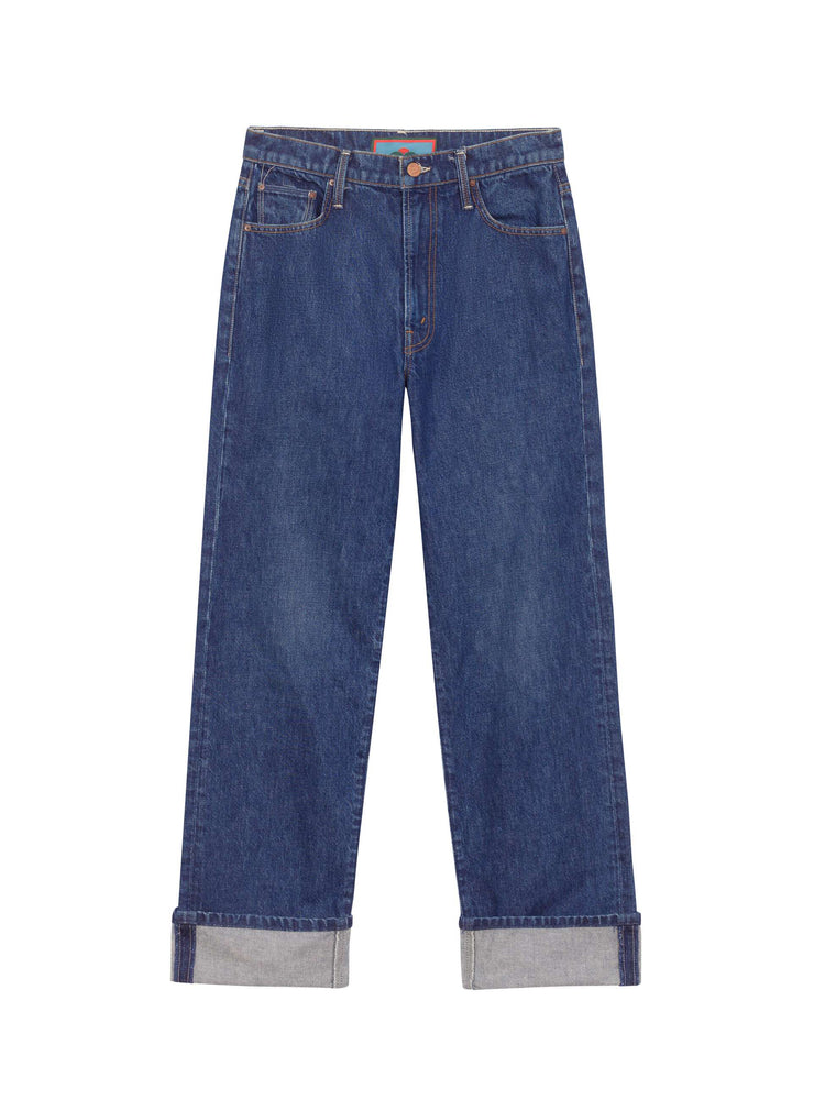 Flat product image of a medium blue wash jean featuring a straight leg and cuffed hem.
