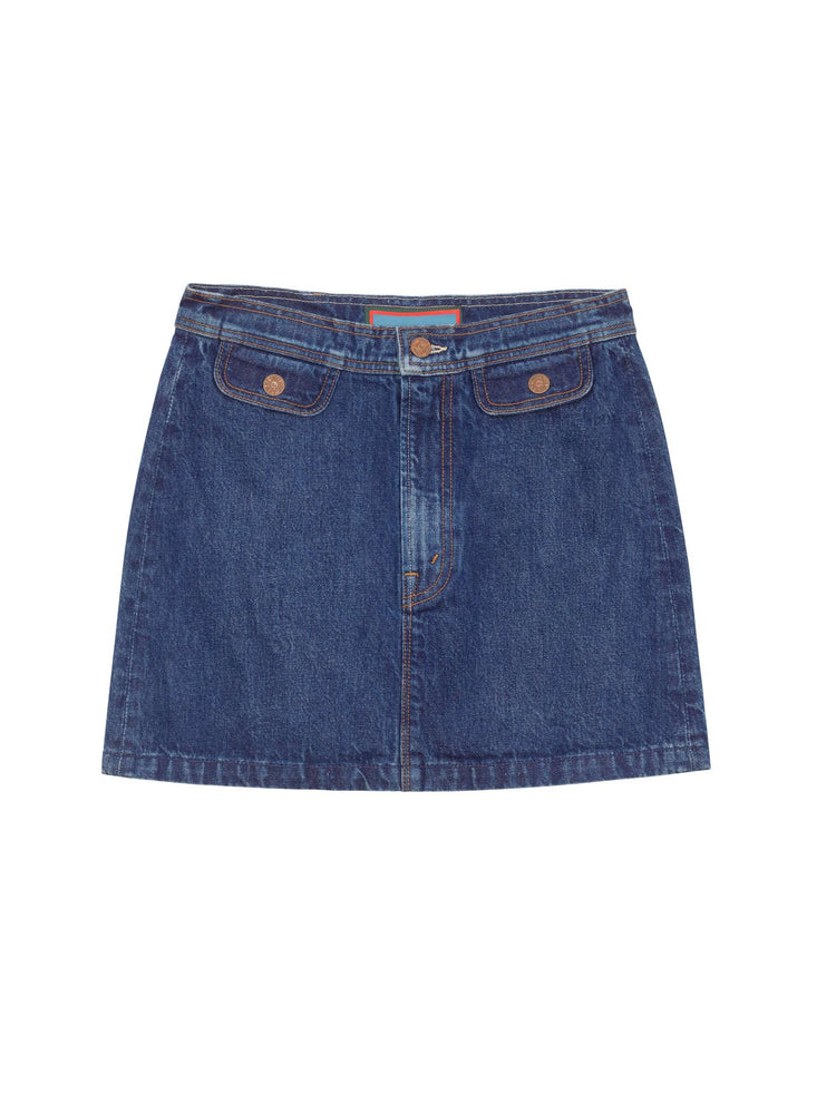 Flat product image of a dark blue wash denim skirt.