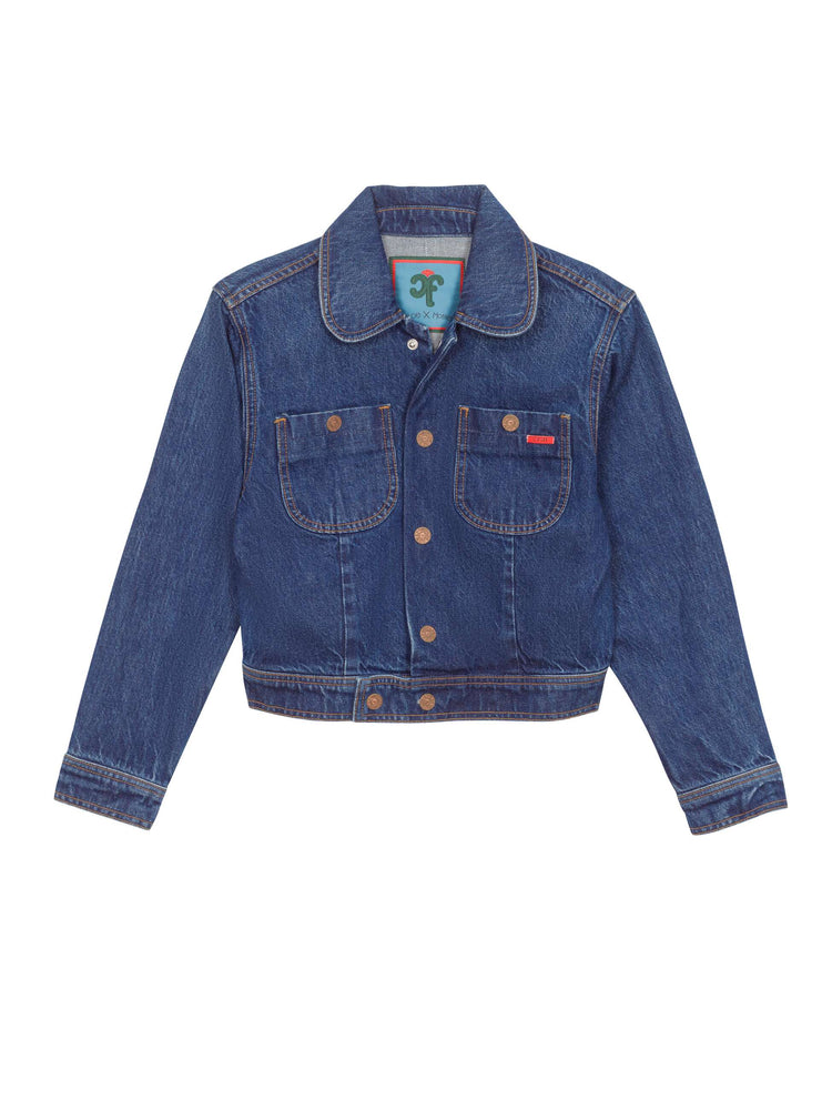 A flat product view of a dark blue wash denim jacket featuring a cropped body, rounded collar, and two front patch pockets.