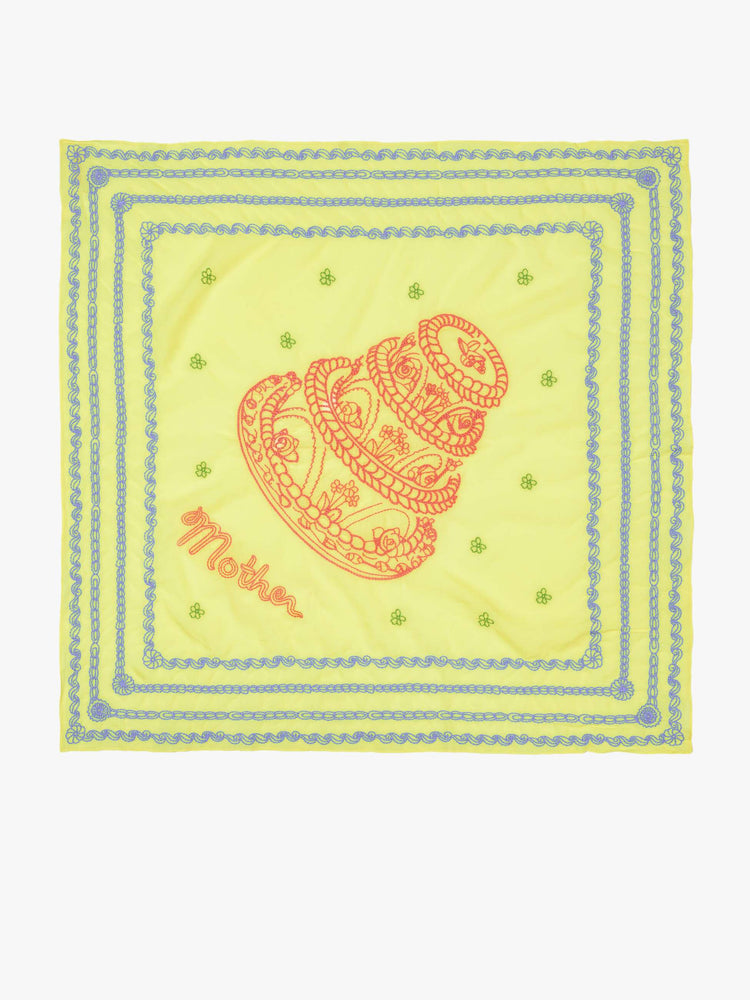 Flat view of a 26" square scarf made from a cotton blend in pale yellow with piping-inspired embroidery in pink with baby blue trim.