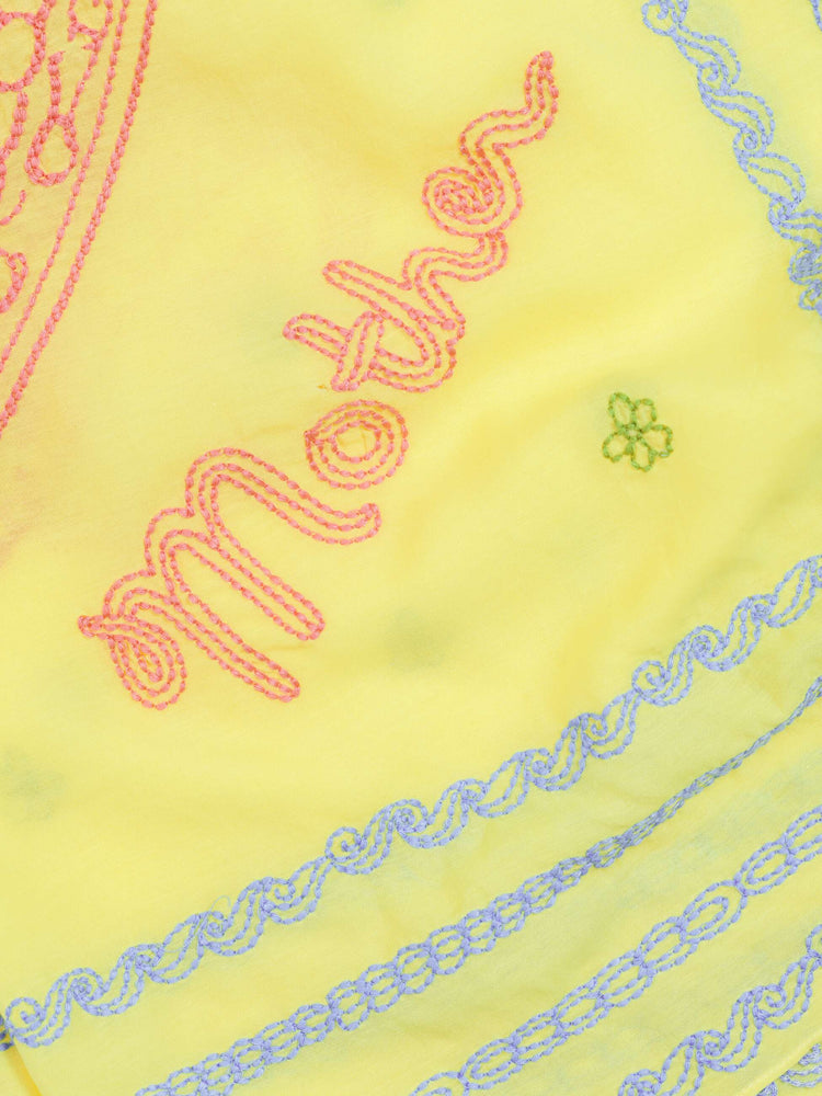 Close up flat 26" square scarf made from a cotton blend in pale yellow with piping-inspired embroidery in pink with baby blue trim.