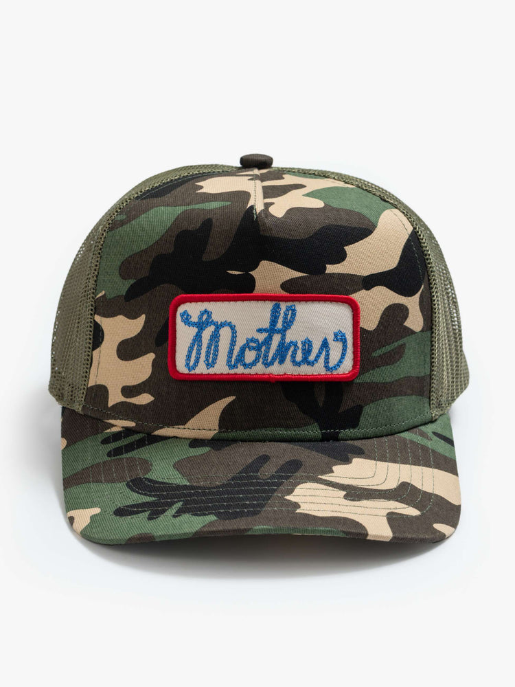 Flat view in a vintage-inspired hat designed in camo featuring a patch with MOTHER's name on the front.