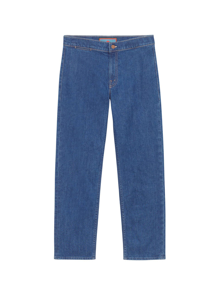 Flat product image of a medium blue wash denim pant featuring a straight taper leg and clean hem.