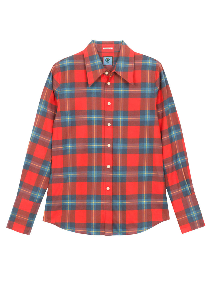 Flat product image of a long sleeve button up featuring a red and blue plaid print.