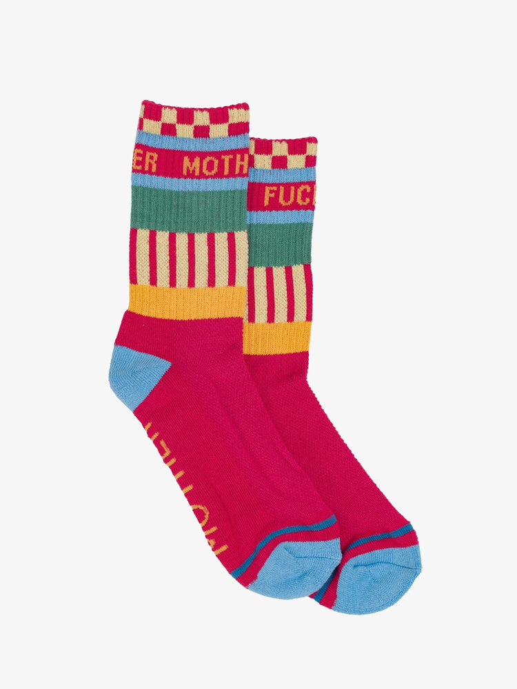 Flat view of tube socks with a subtle message from MOTHER in hot pink with colorful stripes, checkers and lettering.
