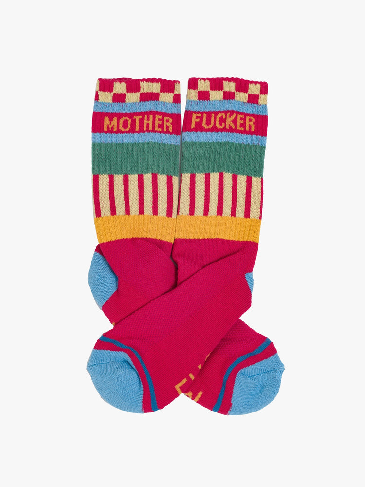 Flat side view of tube socks with a subtle message from MOTHER in hot pink with colorful stripes, checkers and lettering.
