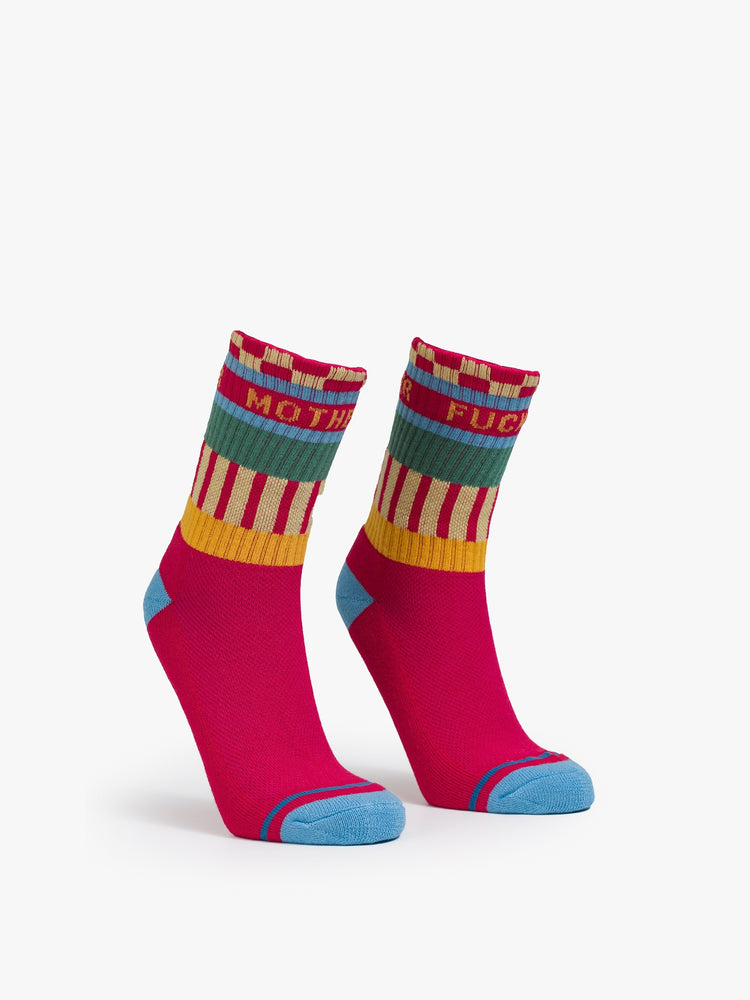 Front view of tube socks with a subtle message from MOTHER in hot pink with colorful stripes, checkers and lettering.