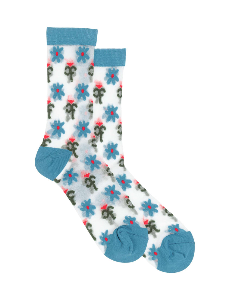 Flat product image of a pair of sheer socks featuring a flower and CF monogram print.