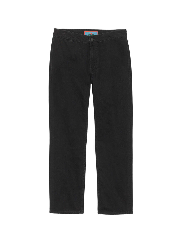 Flat product image of a black wash denim jean featuring a tapered straight leg and clean hem.
