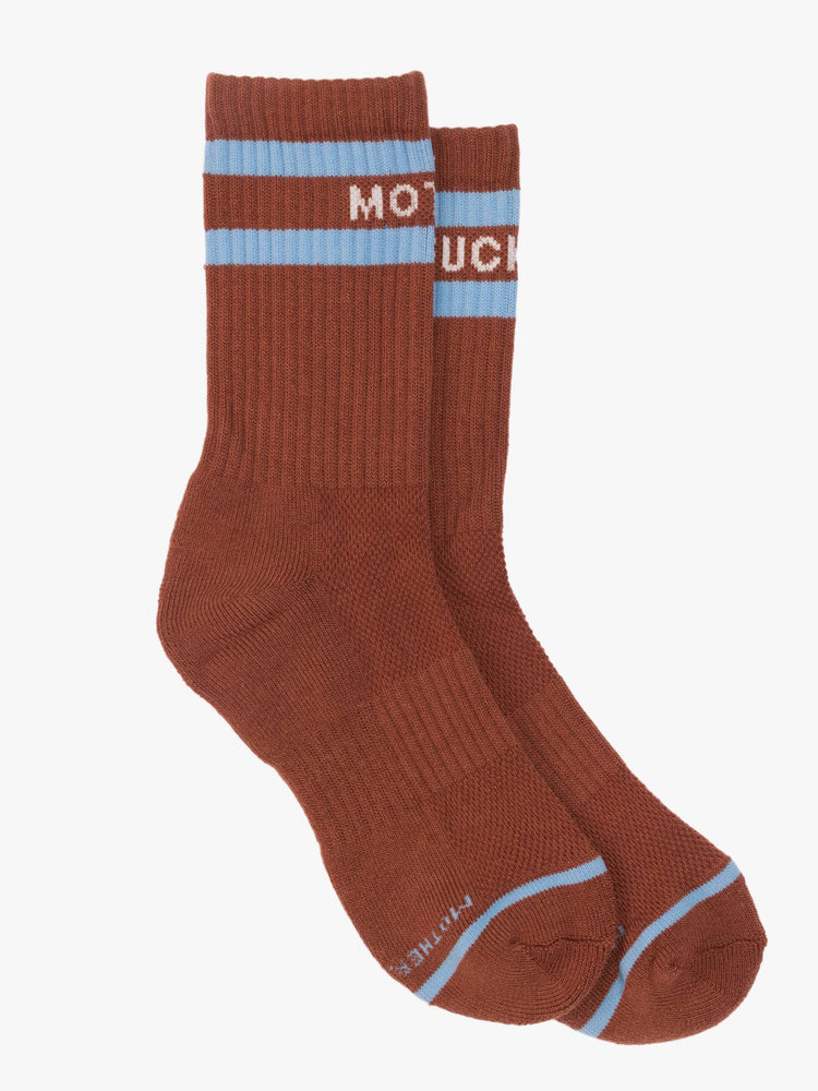 Flat view of Flats vintage-inspired tube socks in brown with baby blue stripes and white lettering.