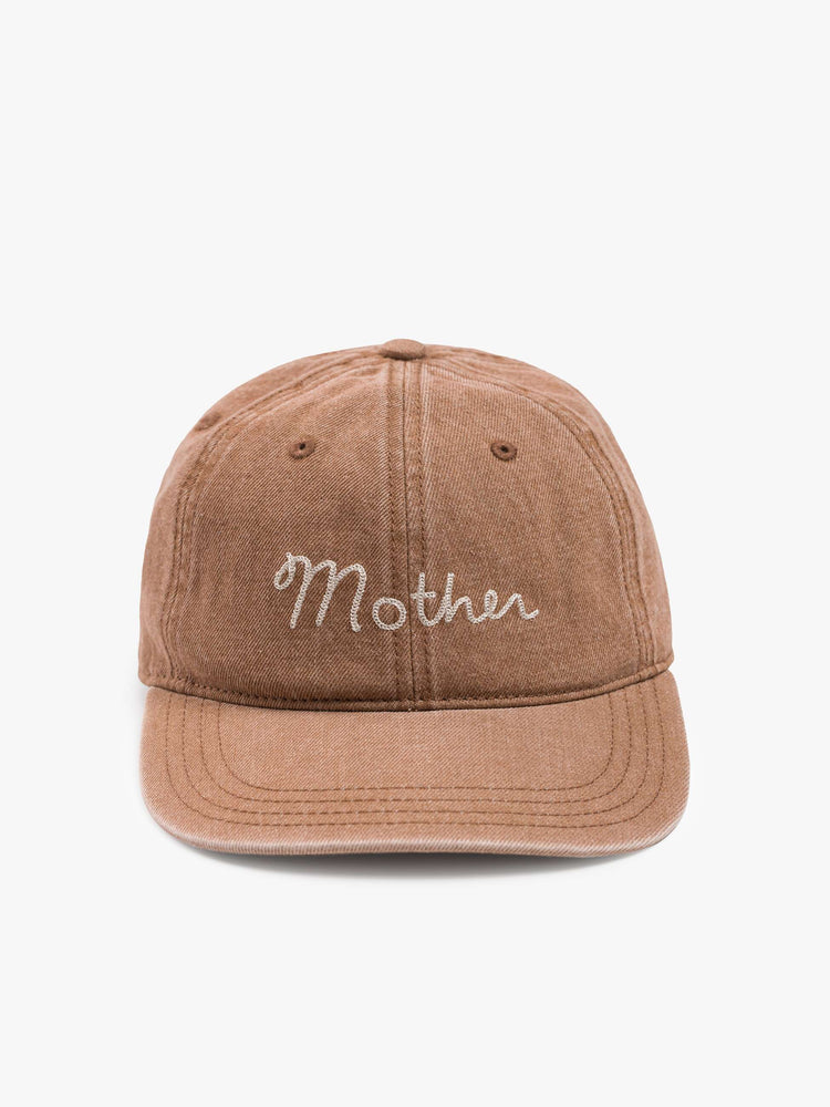 Flat view of a dad hat designed in faded brown with MOTHER's name embroidered in white cursive on the front.