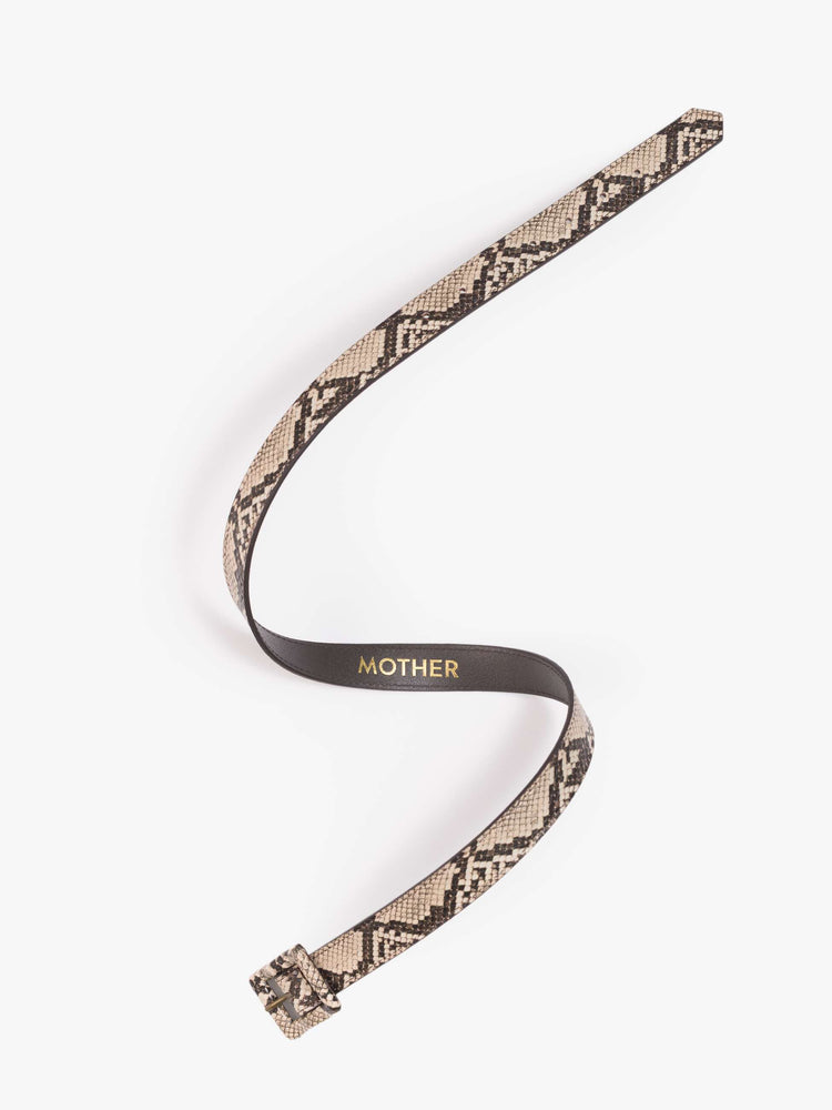 Flat  view of a belt designed in faux snakeskin with an oversized rectangular buckle. 