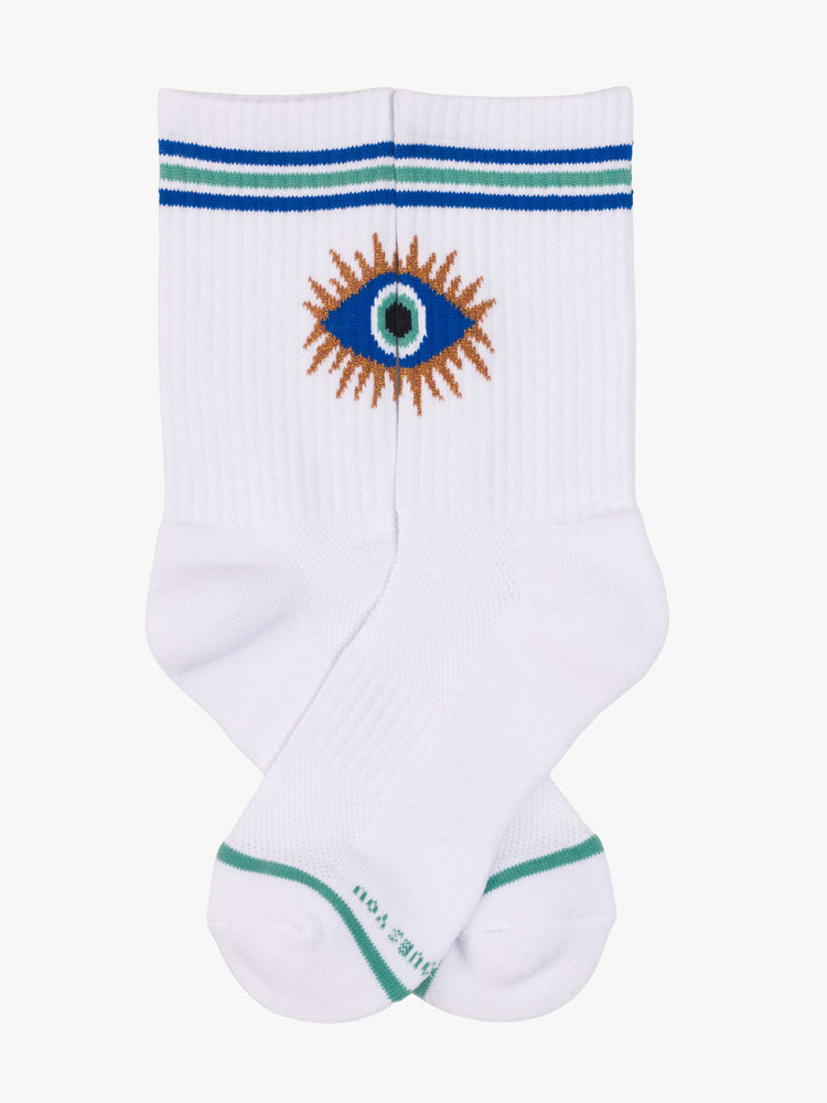 Flat view of tube socks designed in white with a blue eye on the front and stripe detailing.