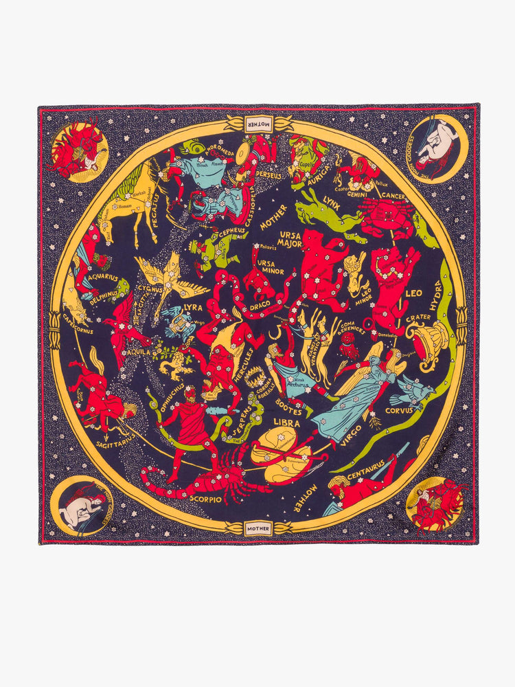 Flat view of a woman holding a navy graphic map of cosmos oversized 46-inch square scarf can be worn around the shoulders, on the waist or tied on a bag.
