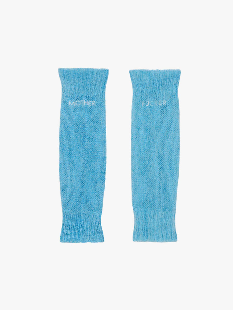 Flat view of a woman in a legwarmer designed in a  bright light blue mohair blend with ribbed hems and MOTHER FUCKER in white across the front.