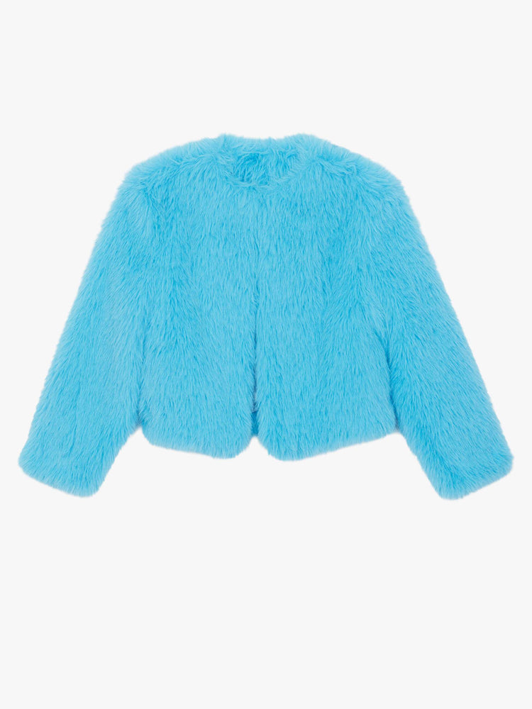Flat view of a woman in a bight light blue cropped jacket with a crewneck and boxy fit.