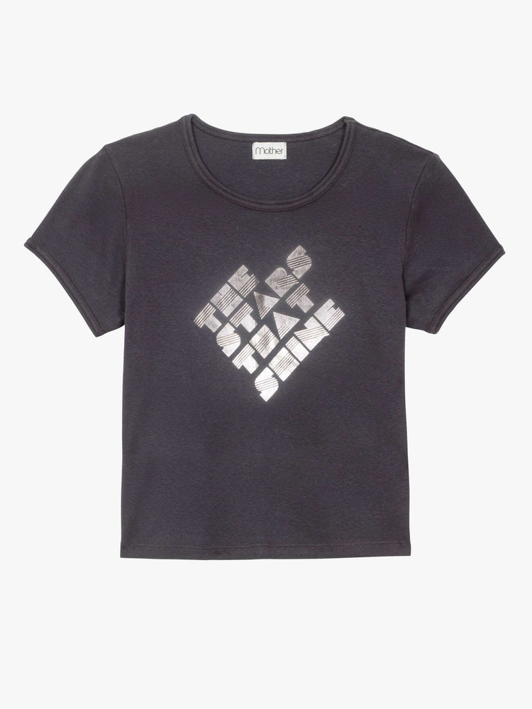 Flat view of a woman in a shrunken crewneck tee with extra-short sleeves and a cropped hem in a faded black with a metallic text graphic on the front.