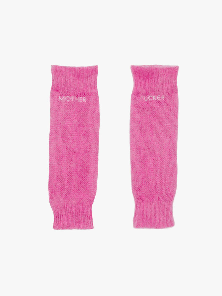 Flat view of legwarmer designed in a hot pink mohair blend with ribbed hems and MOTHER FUCKER in white across the front.